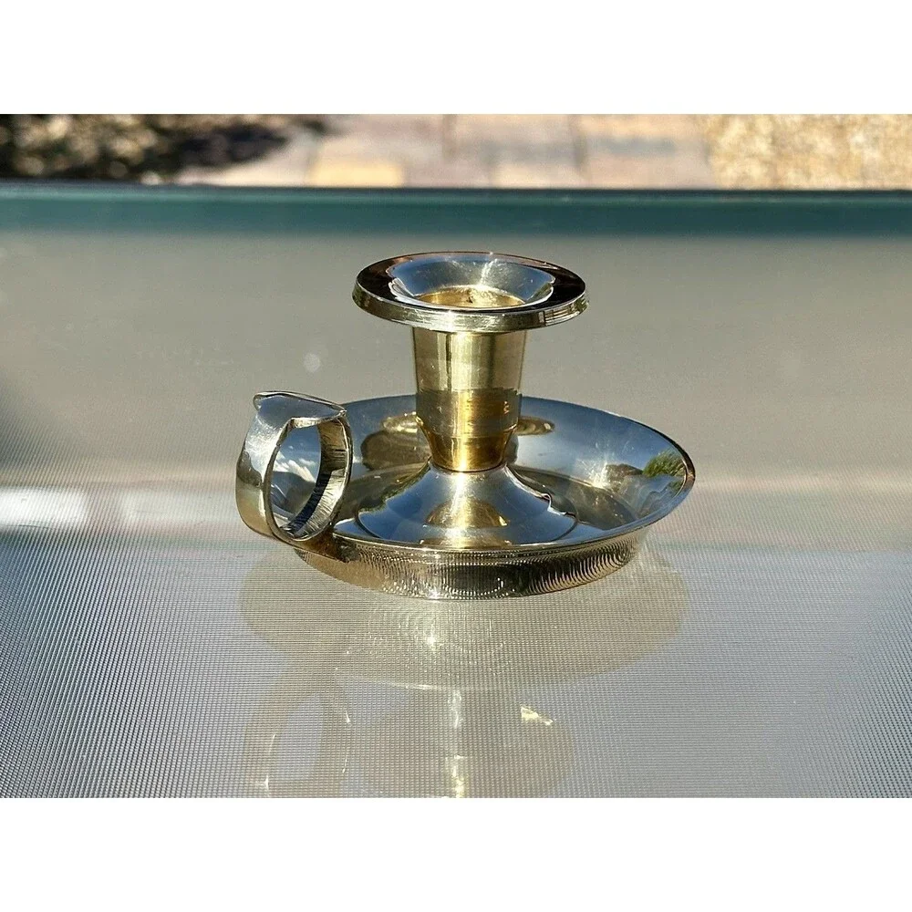 Solid Brass Chamberstick Candle Holder Finger Loop Drip Pan Made In India
